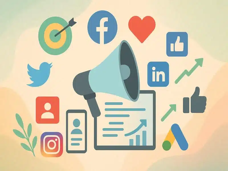 illustration showing how to make a successful social media campaign. Features mobile phones, charts, target with arrow, megaphone, and social media platforms icons.