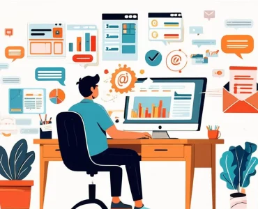 illustration of a person working at a computer surrounded by icons representing email marketing concepts like email symbols, charts, and message bubbles. the image is related to the topic of "How to Build an Email List From Scratch"