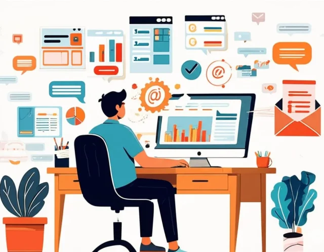 illustration of a person working at a computer surrounded by icons representing email marketing concepts like email symbols, charts, and message bubbles. the image is related to the topic of "How to Build an Email List From Scratch"
