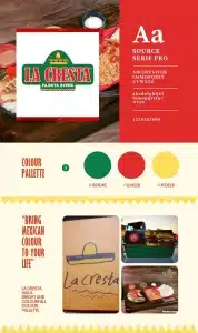 La Cresta branding board, showing logo, color palette, typography, and visual brand elements.