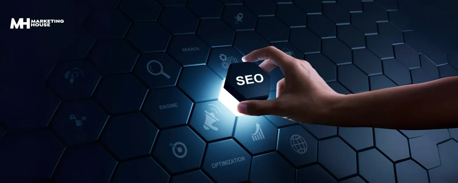 Hands holding a futuristic, glowing search bar with "SEO' above it and various tech icons.