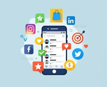 An illustration of a cellphone surrounded by icons representing how to build your brand on social media, including shopping, ideas, marketing, and feedback.