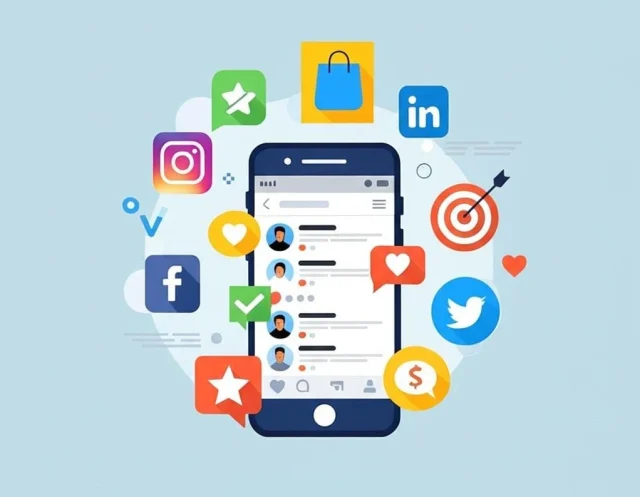 An illustration of a cellphone surrounded by icons representing how to build your brand on social media, including shopping, ideas, marketing, and feedback.