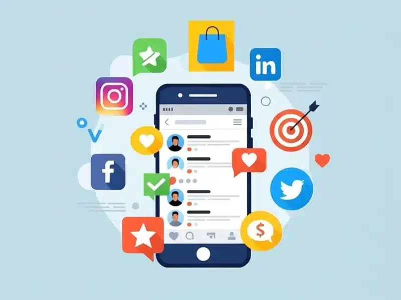 An illustration of a cellphone surrounded by icons representing how to build your brand on social media, including shopping, ideas, marketing, and feedback.