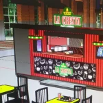 3D design of a La Cresta booth with outdoor seating.