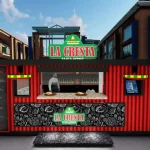 3D design of a La Cresta food stand in the morning light, featuring a menu board and clear signage.