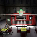 3D design booth for La Cresta, showing a night view with illuminated signage, outdoor seating, and customer models.