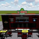3D design of a La Cresta booth in daylight, with outdoor seating.