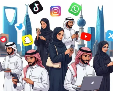 Illustration of Audi men and women using TikTok, Instagram, Snapchat, Youtube, Whatsapp, and X, representing the latest social media trends in Saudi Arabia.