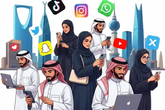 Illustration of Audi men and women using TikTok, Instagram, Snapchat, Youtube, Whatsapp, and X, representing the latest social media trends in Saudi Arabia.