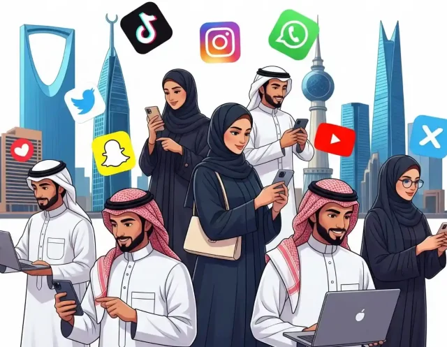 Illustration of Audi men and women using TikTok, Instagram, Snapchat, Youtube, Whatsapp, and X, representing the latest social media trends in Saudi Arabia.