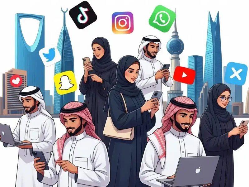 Illustration of Audi men and women using TikTok, Instagram, Snapchat, Youtube, Whatsapp, and X, representing the latest social media trends in Saudi Arabia.